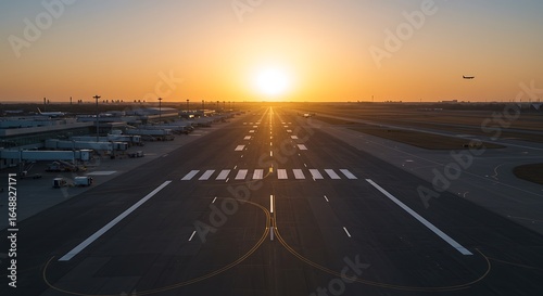 Airport Runway at Sunset with Clear Sky and Ground Equipment