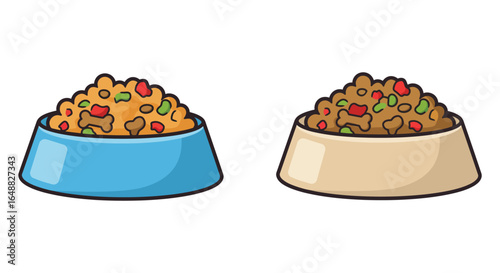 Two bowls of pet food in blue and beige vector illustration