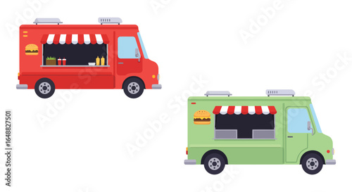 Two colorful food trucks offering delicious meals and street food concept