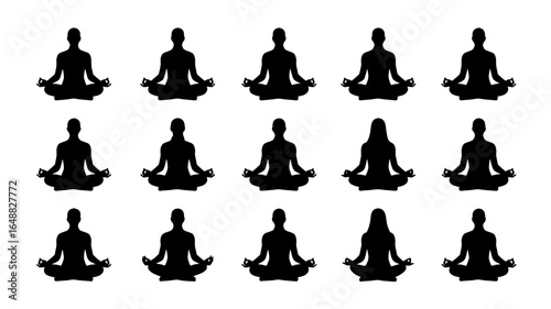Group of silhouettes meditating in lotus pose