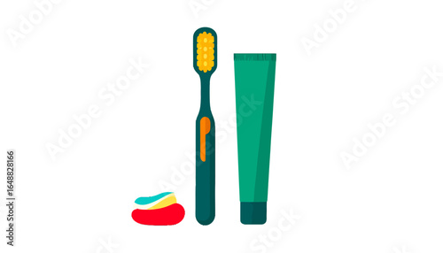 Illustration of toothbrush, toothpaste tube, and a squirt of toothpaste, dental hygiene concept.