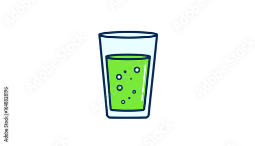 Glass of green fizzy soda or juice, simple flat icon. Vector illustration of a refreshing carbonated beverage isolated on white background.