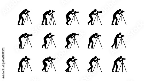 Silhouette of a photographer taking pictures with a tripod in various poses