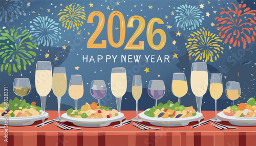 Elegant New Year 2026 celebration dinner with fireworks and champagne