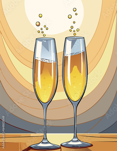 Two elegant champagne glasses with bubbles in a stylish background
