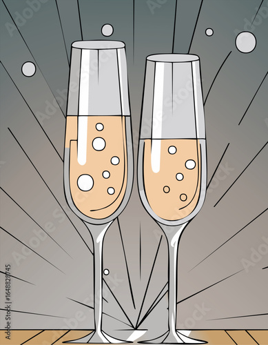 Two elegant champagne glasses with bubbles in a stylish background