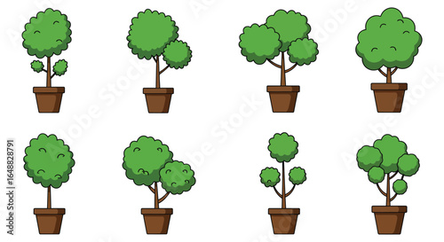 Collection of Topiary Trees in Pots Isolated on White Background for Garden Design