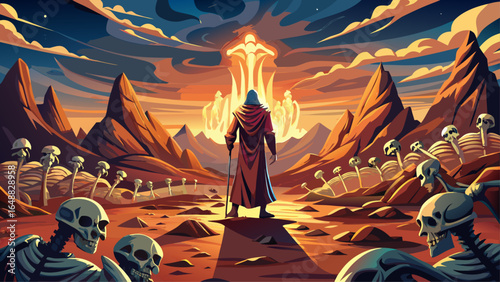 Ezekiel stands in valley filled dry bones observing miraculous resurrection as bones come together and are covered flesh illuminated dramatic lighting