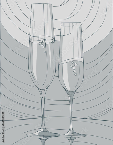 Two elegant champagne glasses with bubbles in a stylish background