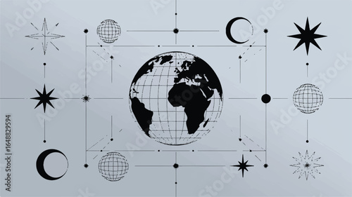 Celestial Map Featuring Earth Stars and Moons Against a Soft Gray Background Ideal for Spiritual and Travel Themes with Clean Line Art