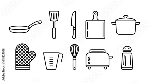 Collection of hand drawn kitchen utensils and appliances in outline style