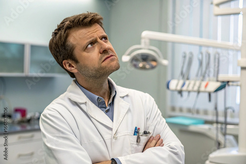 A dentist with a sour expression. Exasperation. Doctor. Suspicion. Suspiciousness.