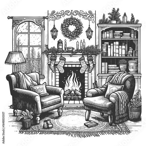 festive living room with armchairs, fireplace, stockings, wreath, and winter decorations sketch engraving generative ai vector illustration. Scratch board imitation. Black and white image.