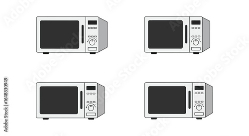 Four Microwave Ovens on White Background for Culinary or Appliance Concepts