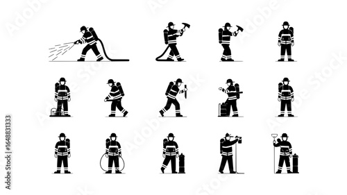 Collection of firefighter silhouettes in action poses