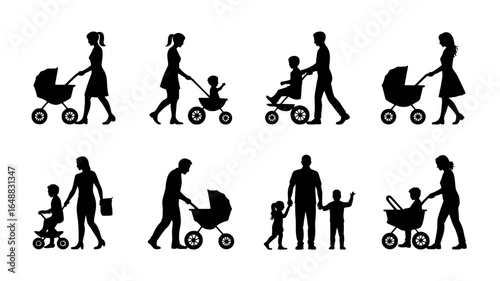 Diverse family silhouettes pushing strollers and riding tricycles