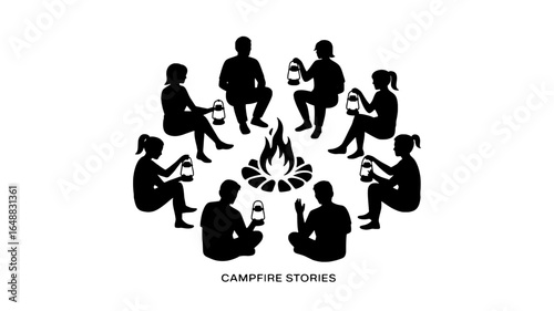 Silhouettes of people sitting around a campfire sharing stories