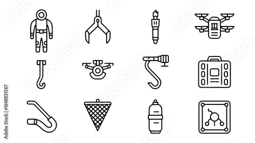 Collection of fishing and outdoor equipment icons in a simple line art style