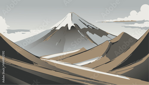 Majestic green mountains with snow peaks and cloudy sky