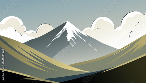 Majestic green mountains with snow peaks and cloudy sky