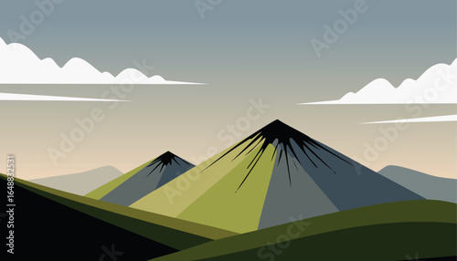 Majestic green mountains with snow peaks and cloudy sky