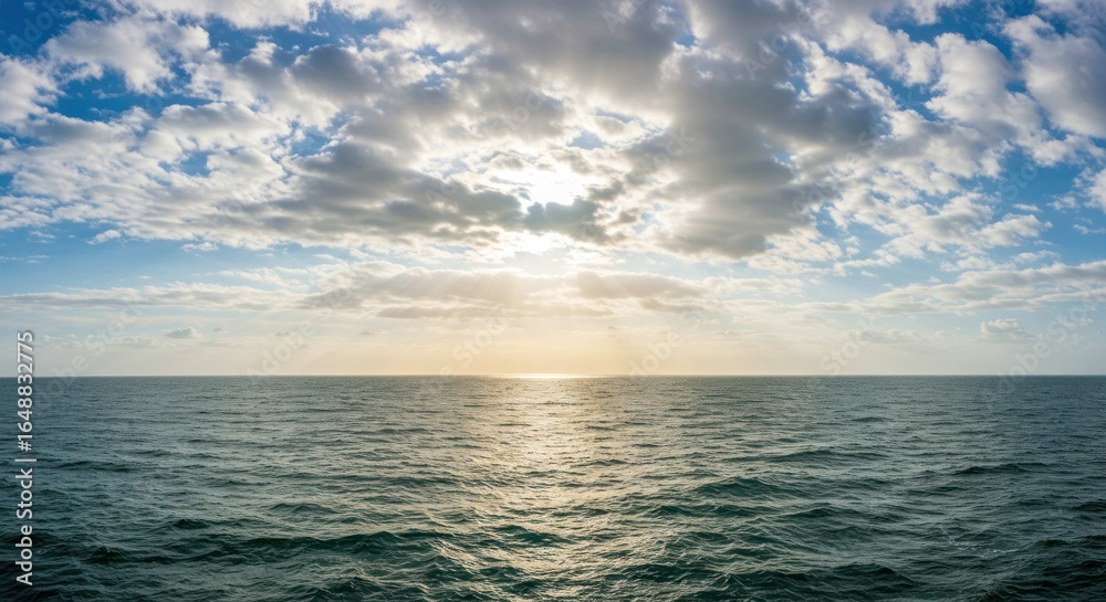 Obraz premium Ocean view with sun shining through clouds creating sunbeams over the water.