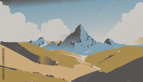 Majestic green mountains with snow peaks and cloudy sky