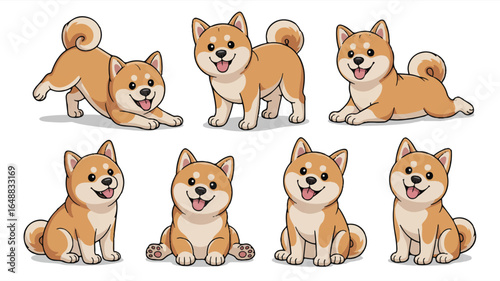 Collection of Adorable Shiba Inu Puppies Posing and Playing in Various Positions on a White Background with Playful Expressions and Cute Details Depicted in Cartoon Style