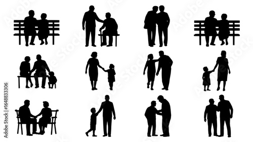 Silhouettes of families and couples in various poses and settings