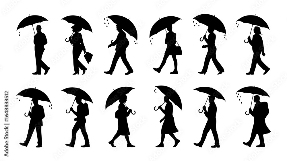Fototapeta premium Silhouettes of people walking with umbrellas in the rain