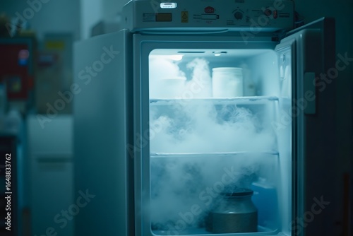 Foggy, open refrigerator, kitchen, night, dim light.
