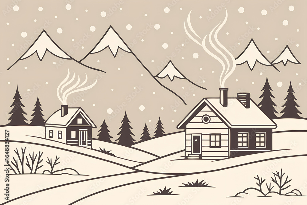Obraz premium Charming hand drawn winter village scene with snow covered houses and mountains under falling snow