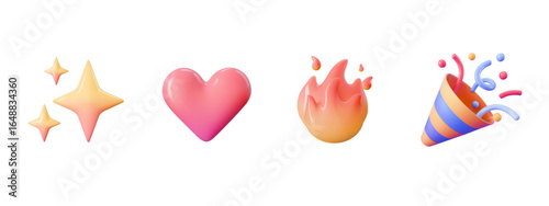 3d emoji sparkles star, party popper, love, and flame icon illustration