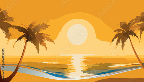 Golden tropical sunset with palm trees and ocean reflections