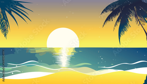 Golden tropical sunset with palm trees and ocean reflections