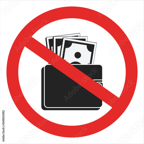 Isolated illustration of silhouette of wallet and cash for sign prohibiting carrying wallet containing money
