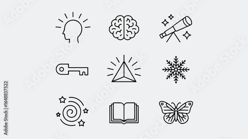 Collection of Minimalist Icons Representing Knowledge Learning Science Discovery and Creativity on a Clean Background Perfect for Educational and Design Projects