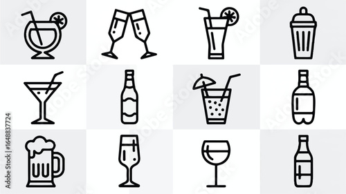 Collection of minimalist line art cocktail icons presenting diverse beverages and barware embodying modern design and clean aesthetics for visual communication