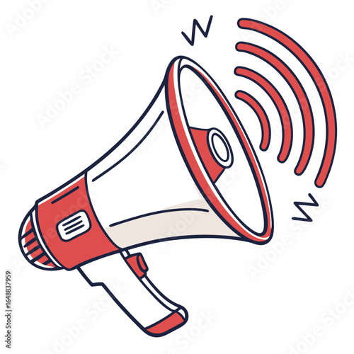 Megaphone vector graphic. Megaphone with white and red colors, with a signal icon. Flat design style illustration. Communication, warning, online connection, megaphone on white background