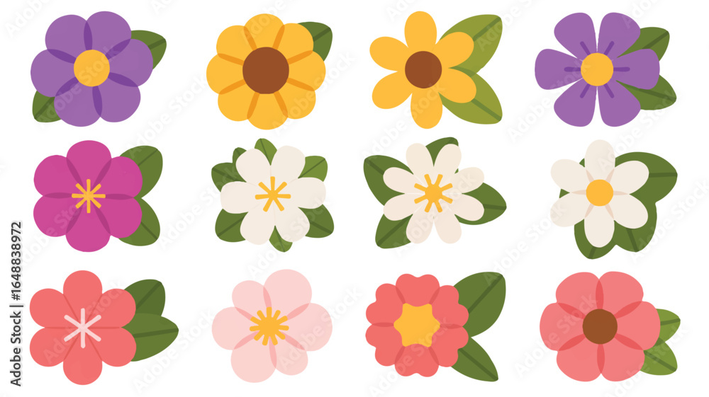 Obraz premium Collection of twelve whimsical flat vector flower illustrations in cheerful colors great for spring designs and botanical themes in various shades and hues with green leaves