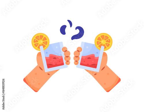 Illustration of glasses clashing against each other. Hands holding glasses of drinks and toasting each other. A glass of drink with orange. Cheers concept. Celebrations and events. Flat style design