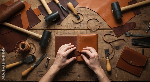Craftsman working on leather goods with tools and materials spread out on a wooden table