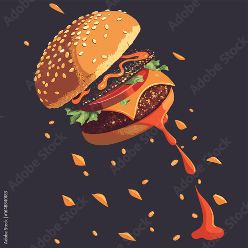 A juicy hamburger with melting cheese and dripping sauce in a dynamic composition cheeseburger food