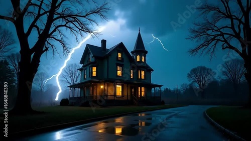 Haunted Victorian House in Thunderstorm Night 4K Stock Video.