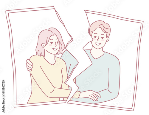 This illustration of a loving couple embraces but uses a torn picture effect to symbolize their separation