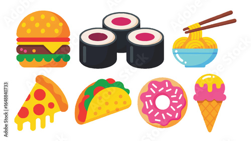 Colorful Cartoon Food Vector Illustration featuring Burger Sushi Noodles Pizza Taco Donut and Ice Cream perfect for menu designs food blogs or educational materials