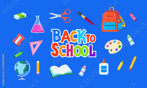 School supplies and stationery and text set. Isolated illustration. Back to school and education concept. Backpack, pencil case, globe, books, ruler, education symbols. Flat vector set.