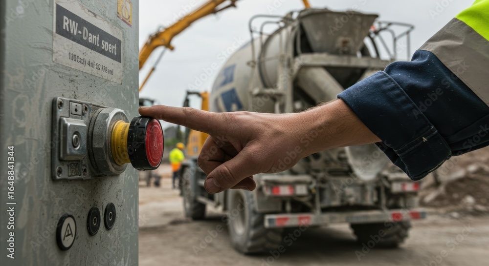 Fototapeta premium Hand pushing emergency stop button at construction site with concrete mixer truck.