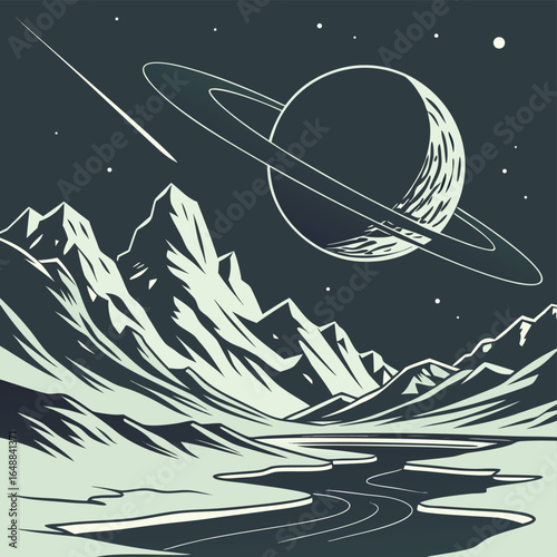 A stylized alien landscape with a ringed planet and a shooting star space Saturn