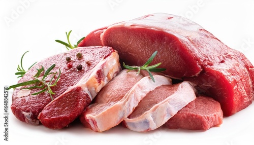Assorted Raw Meat Isolated on White Background – Flying, Full Depth of Field